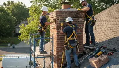 Portland, OR chimney repair crew fixing cracked mortar and weather damage on a home exterior