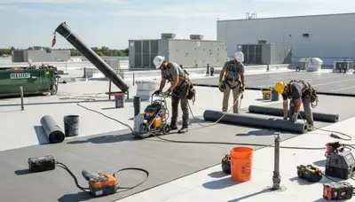 Commercial roofing crew repairing a Portland, OR business roof to prevent leaks and moss damage