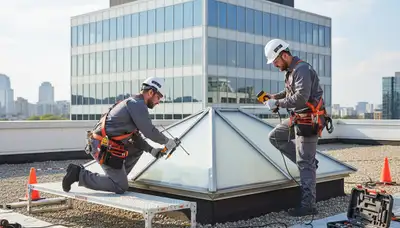 Portland, OR skylight repair crew fixing a leaking skylight on a home roof